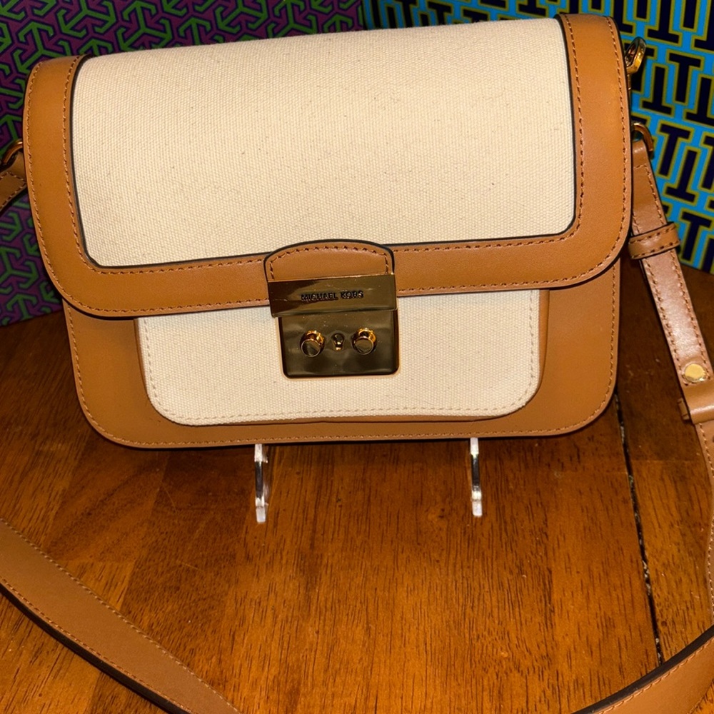 MICHAEL KORS Sloan Editor Leather Canvas Crossbody Bag NWOT Natural/Acorn